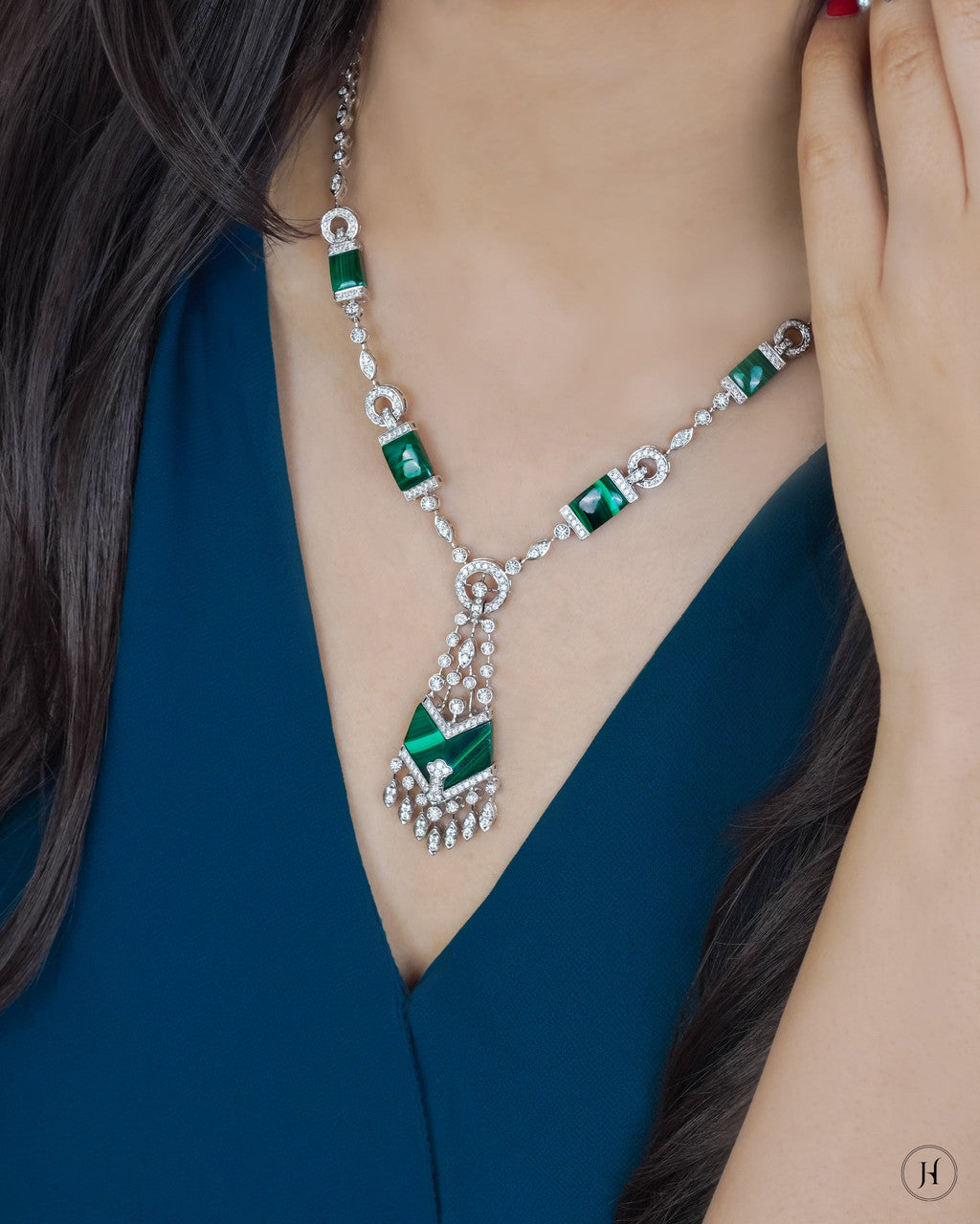 18K White Gold Malachite Diamond Necklace