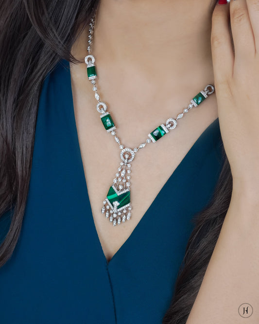 18K White Gold Malachite Diamond Necklace