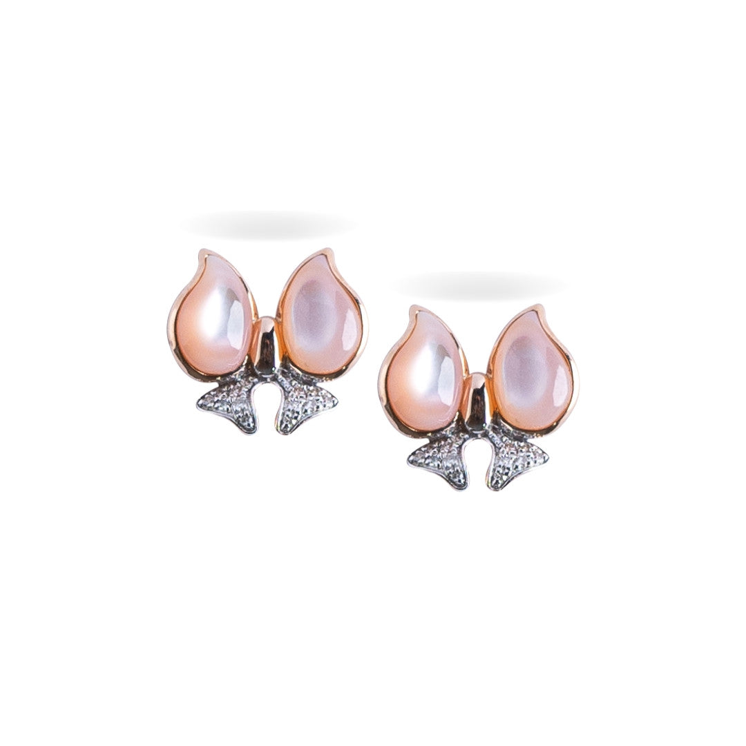 18K rose Gold Mother Of Pearl Pink Bow Pushback Stud Diamond Earring