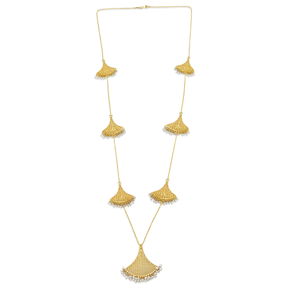 21K Yellow Gold Bahraini Fan Pearl Rope Necklace Set