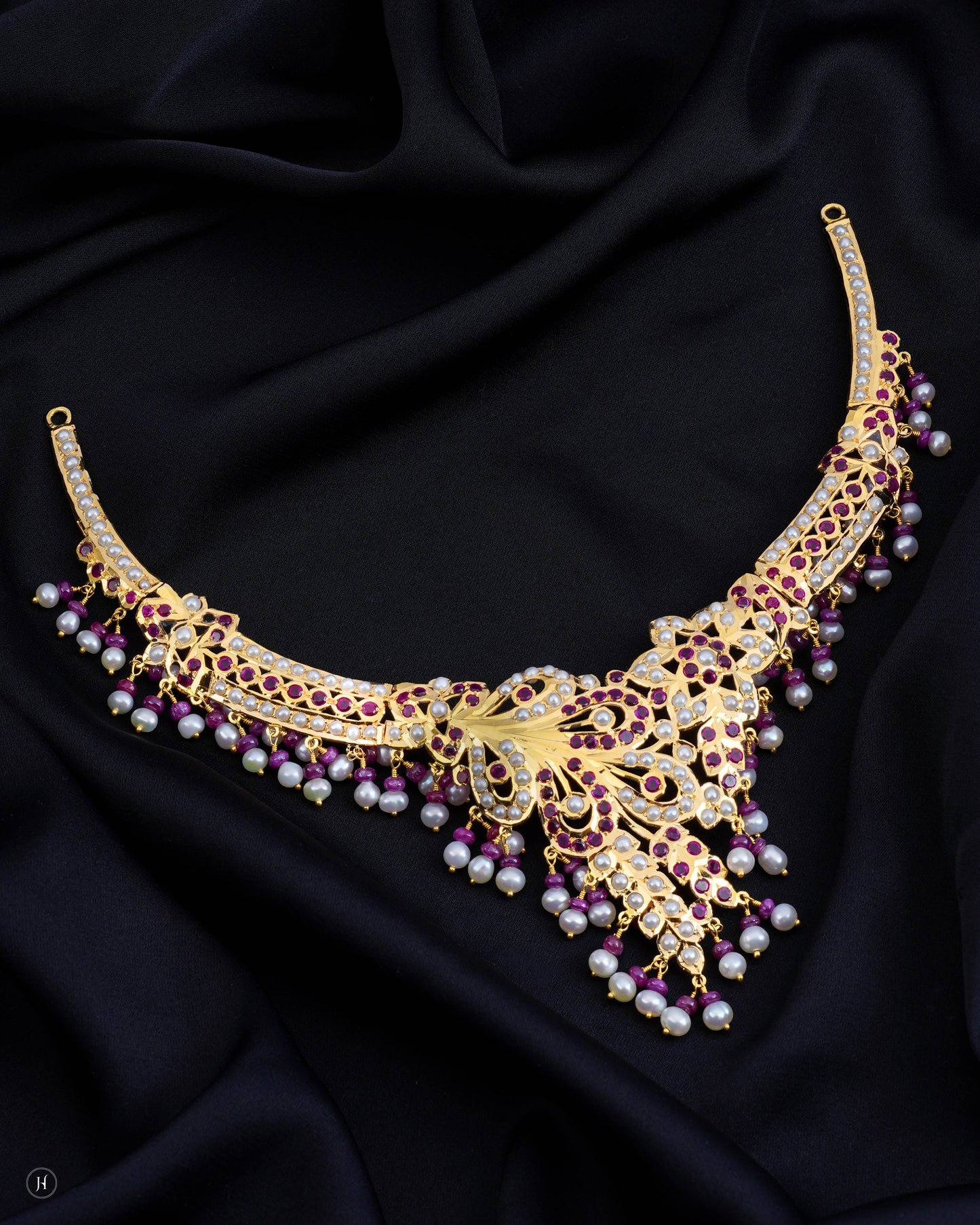 21-Karat Yellow Gold Bridal Pakistani Ruby & Pearl Peacock Motif Necklace | Online Jewellery Store in UAE - J.H Jewellers