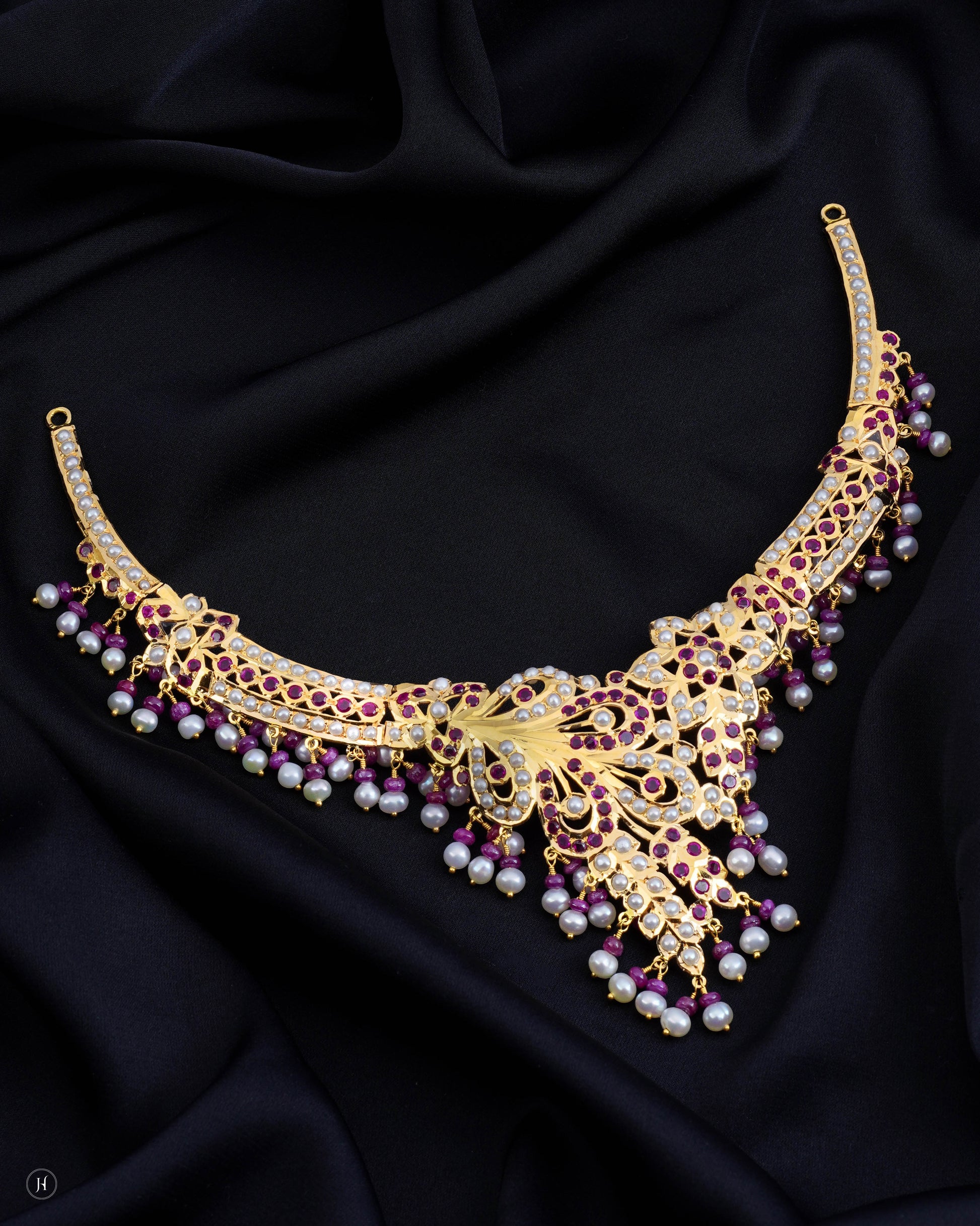 21-Karat Yellow Gold Bridal Pakistani Ruby & Pearl Peacock Motif Necklace | Online Jewellery Store in UAE - J.H Jewellers