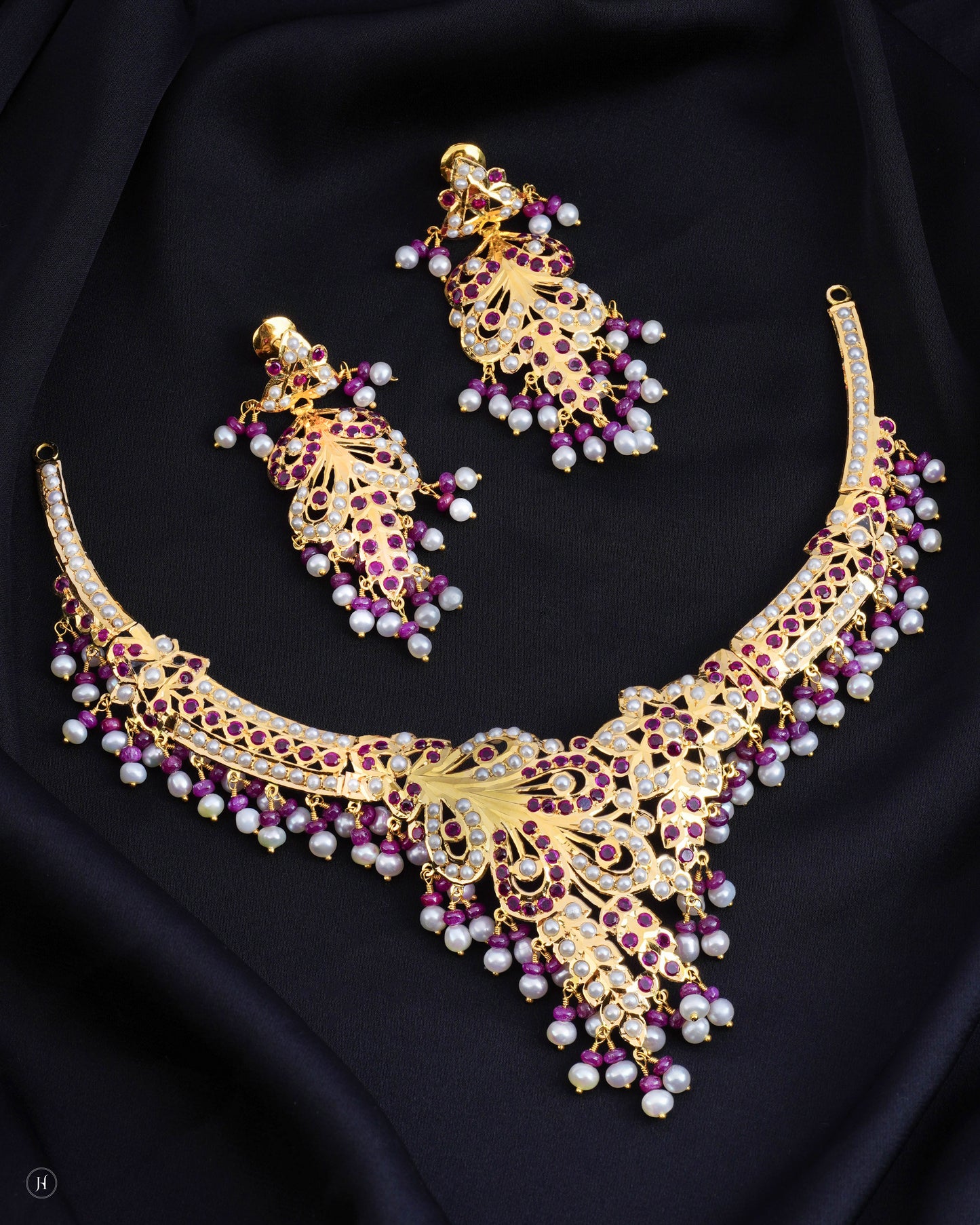 21-Karat Yellow Gold Bridal Pakistani Ruby & Pearl Peacock Motif Necklace Set | Online Jewellery Store in UAE - J.H Jewellers