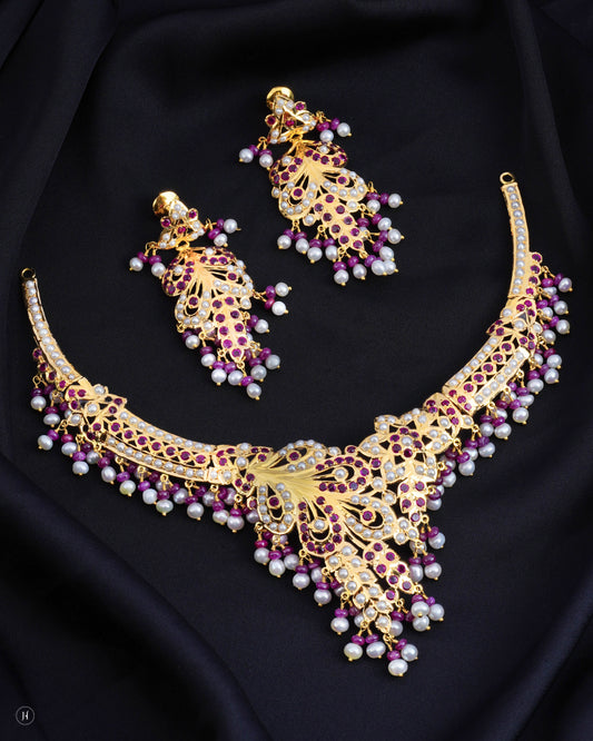 21-Karat Yellow Gold Bridal Pakistani Ruby & Pearl Peacock Motif Necklace Set | Online Jewellery Store in UAE - J.H Jewellers