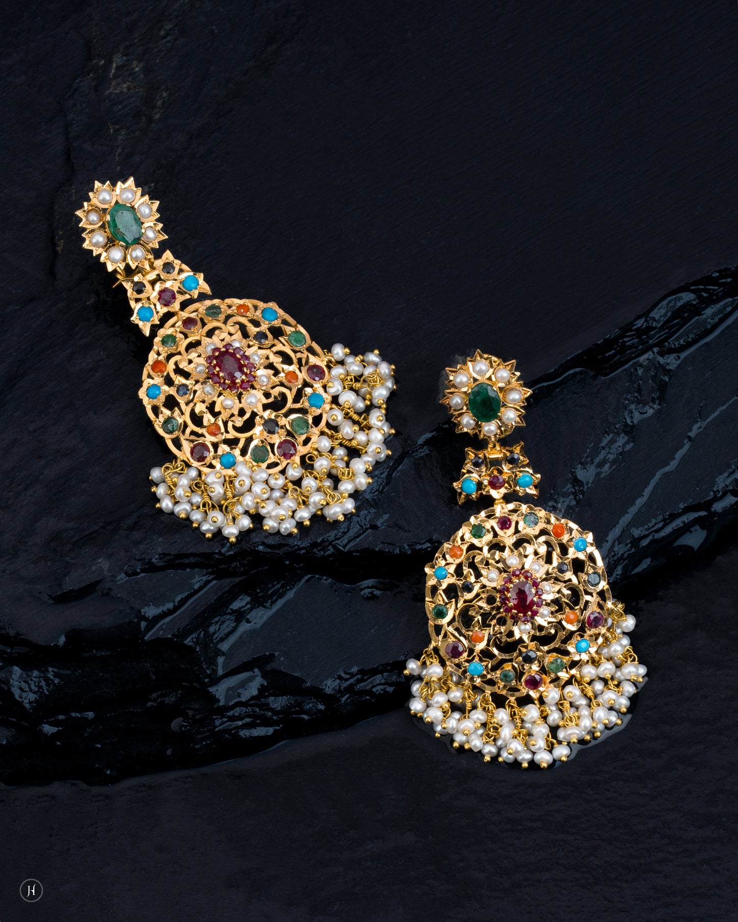 21-Karat Yellow Gold Pakistani Majestic Floral Multi-Gemstone Earrings for Ladies.