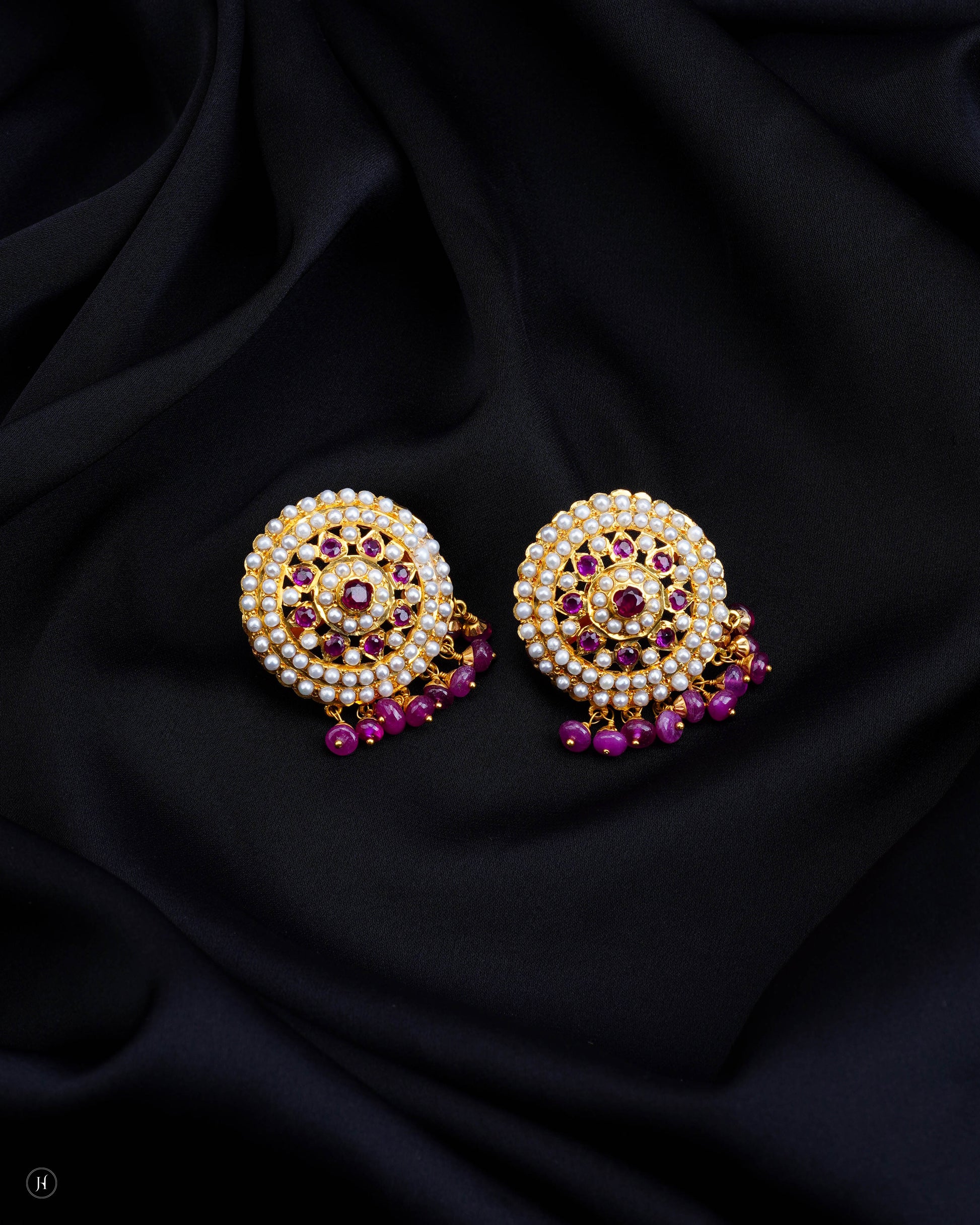 21-Karat Yellow Gold Pakistani Multi-Gemstone Round Motif Earrings Set