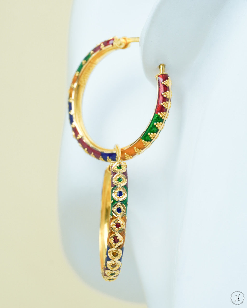 21K Yellow Gold Multicolor Meena Hoop Earrings