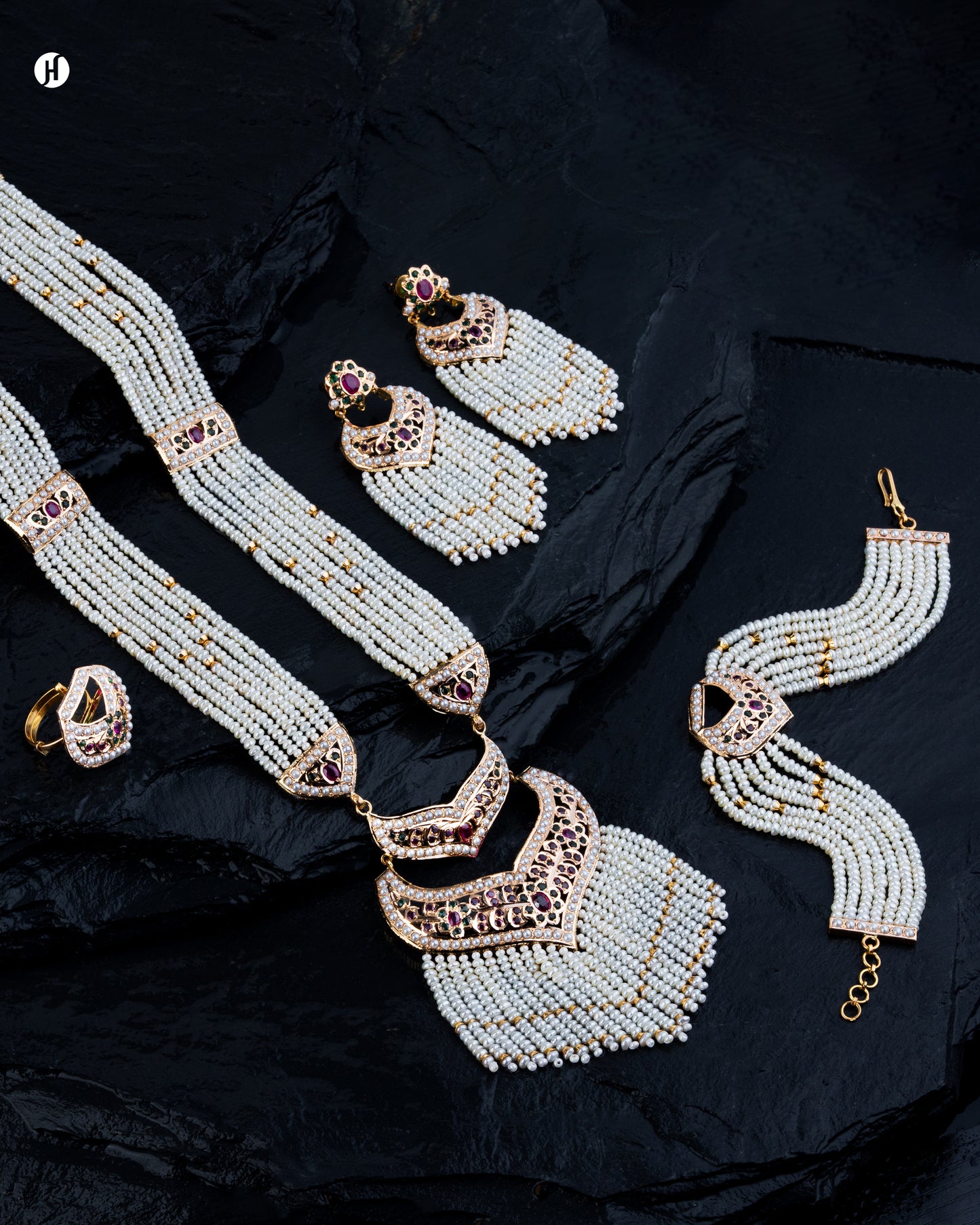 21K Yellow Gold Bahraini Crescent Waterfall Pearl Bridal Necklace Set for Khaleeji Women