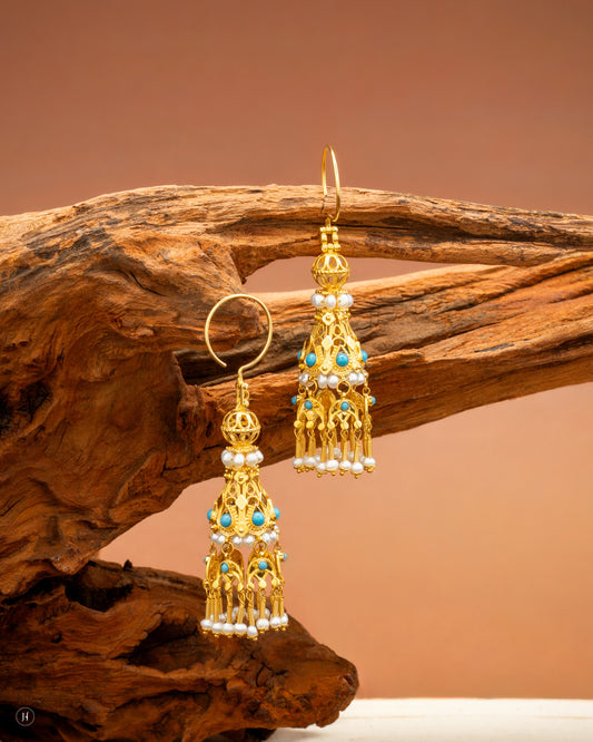 21K Yellow Gold Bahraini Dome Design Long Drop Earrings