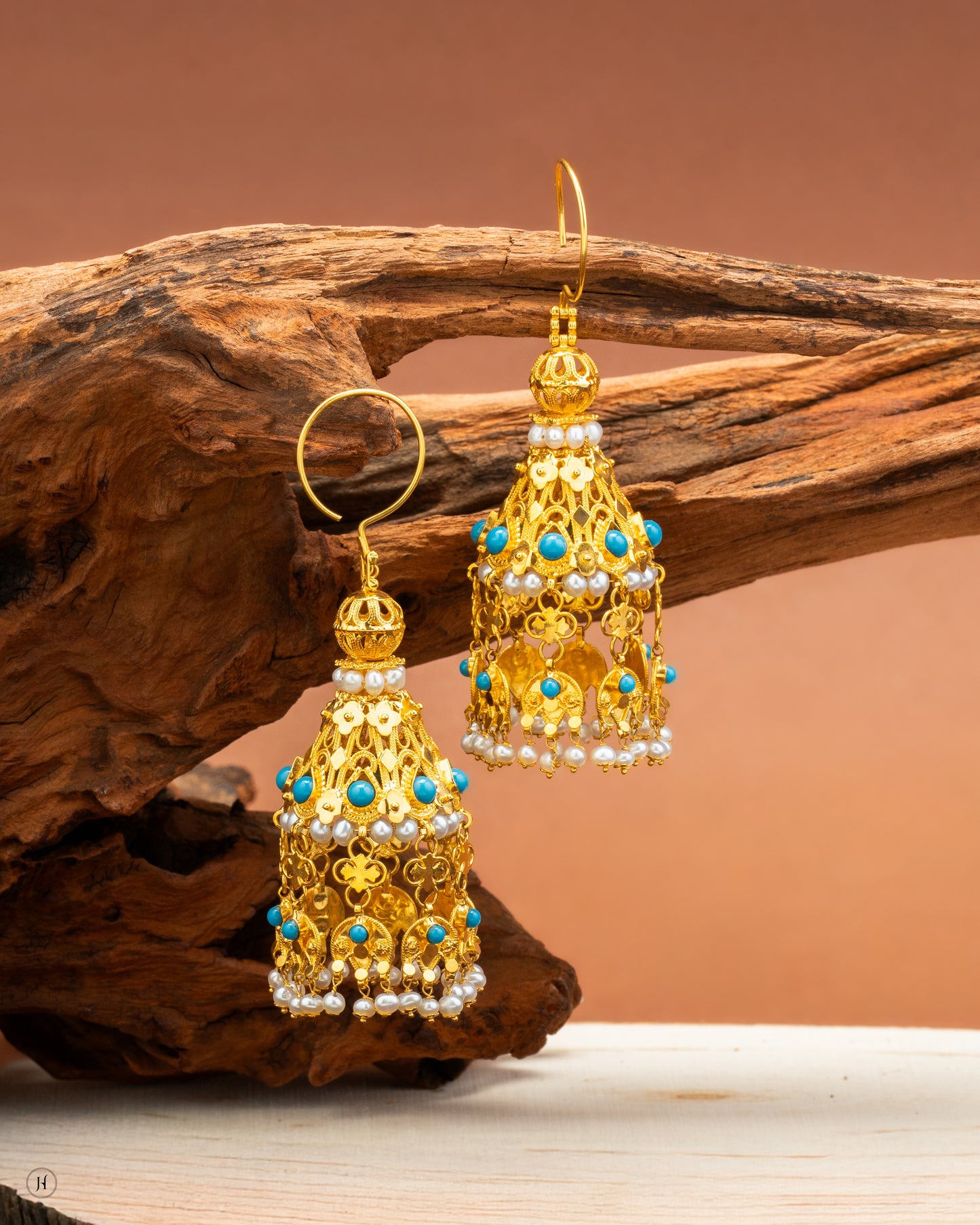 21K Yellow Gold Bahraini Dome Drop Earrings with Pearls