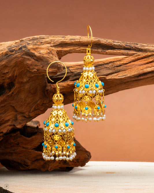 21K Yellow Gold Bahraini Dome Drop Earrings with Pearls