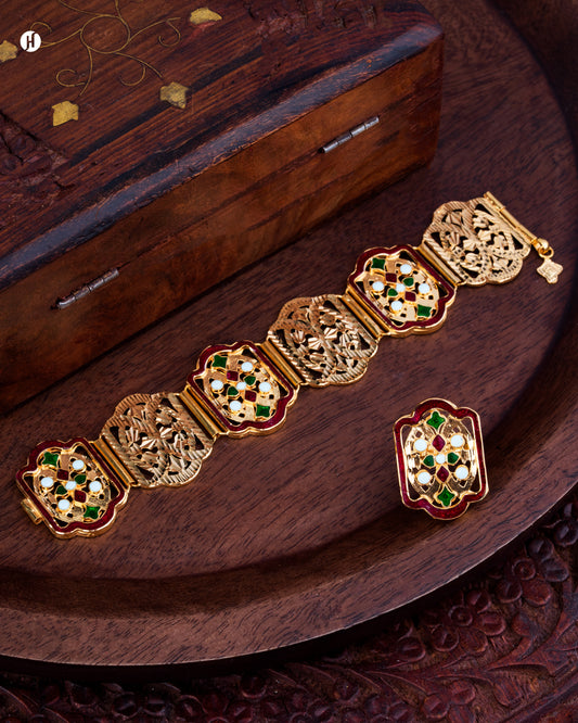 21K Yellow Gold Bahraini Floral Pattern Enamel Bracelet and Ring for Ladies.