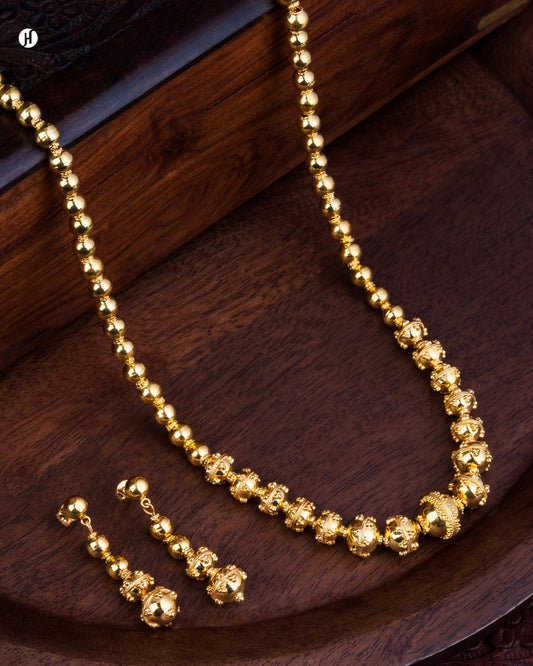 21K Yellow Gold Bahraini Long Beaded Ball Necklace Set | Online Jewellery Store in UAE - J.H Jewellers