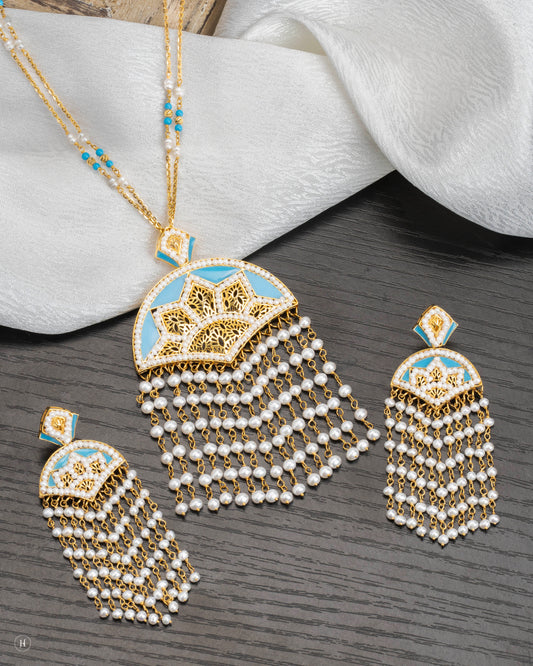 21K Yellow Gold Bahraini Majestic Waterfall Veil Necklace Set with Pearls | Online Jewellery Store for Khaleeji Women