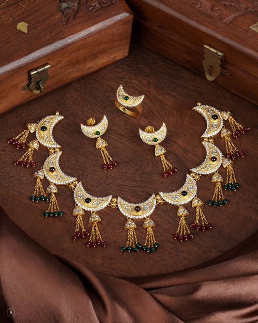 21K Yellow Gold Bahraini Multi-Crescent Shaped Necklace Set | Khaleeji Bridal Jewellery in Dubai, UAE - J.H Jewellers