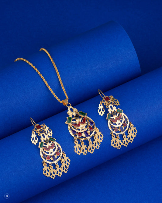 21K Yellow Gold Bahraini Open Crescent Design Necklace Set | Jewellery Set for Khaleeji Women