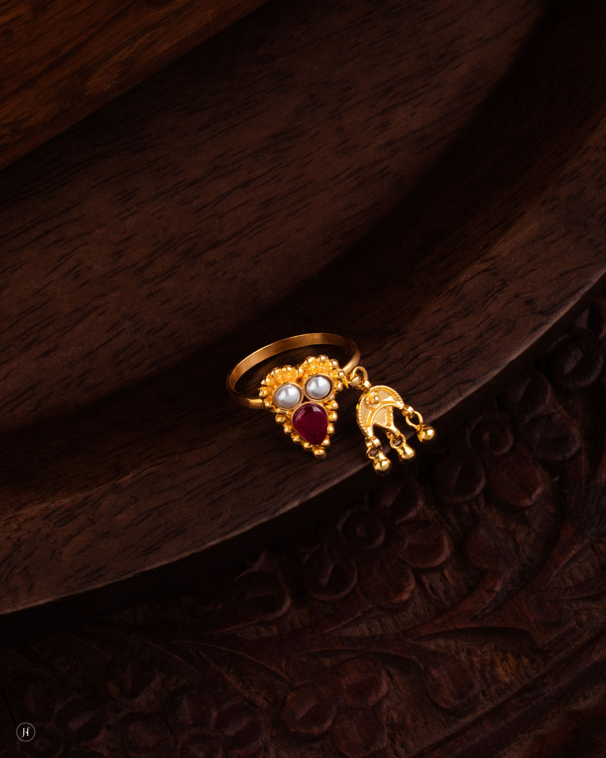 21K Yellow Gold Bahraini Pearl & Ruby Charm Ring | Gift for girls