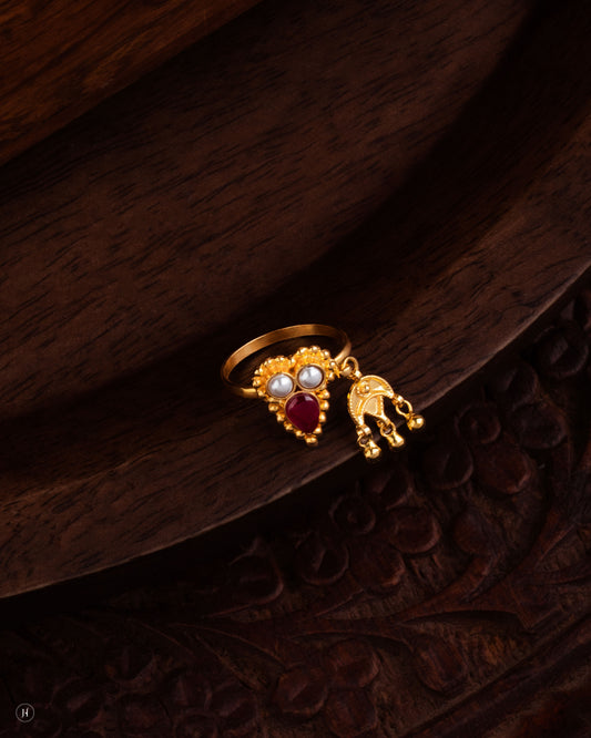 21K Yellow Gold Bahraini Pearl & Ruby Charm Ring | Gift for girls