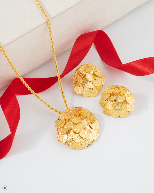 21K Yellow Gold Bahraini Round Multi Coin Pendant Set for ladies in UAE