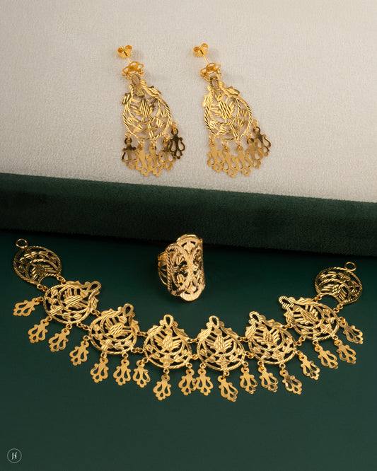 21K Yellow Gold Bridal Bahraini Floral Open Choker Set for ladies in UAE