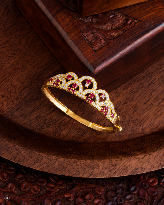 21K Yellow Gold Italian Half Scalloped Ruby Bangle for Women.
