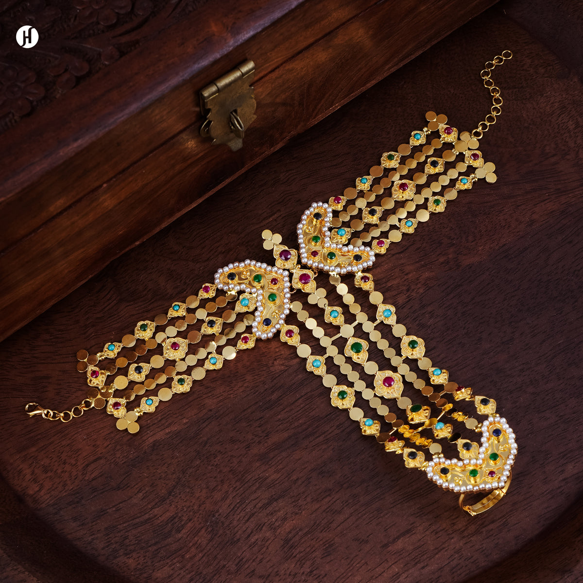 21K Yellow Gold Multi-Gemstone Hand Chain Bracelet with Ring for Ladies