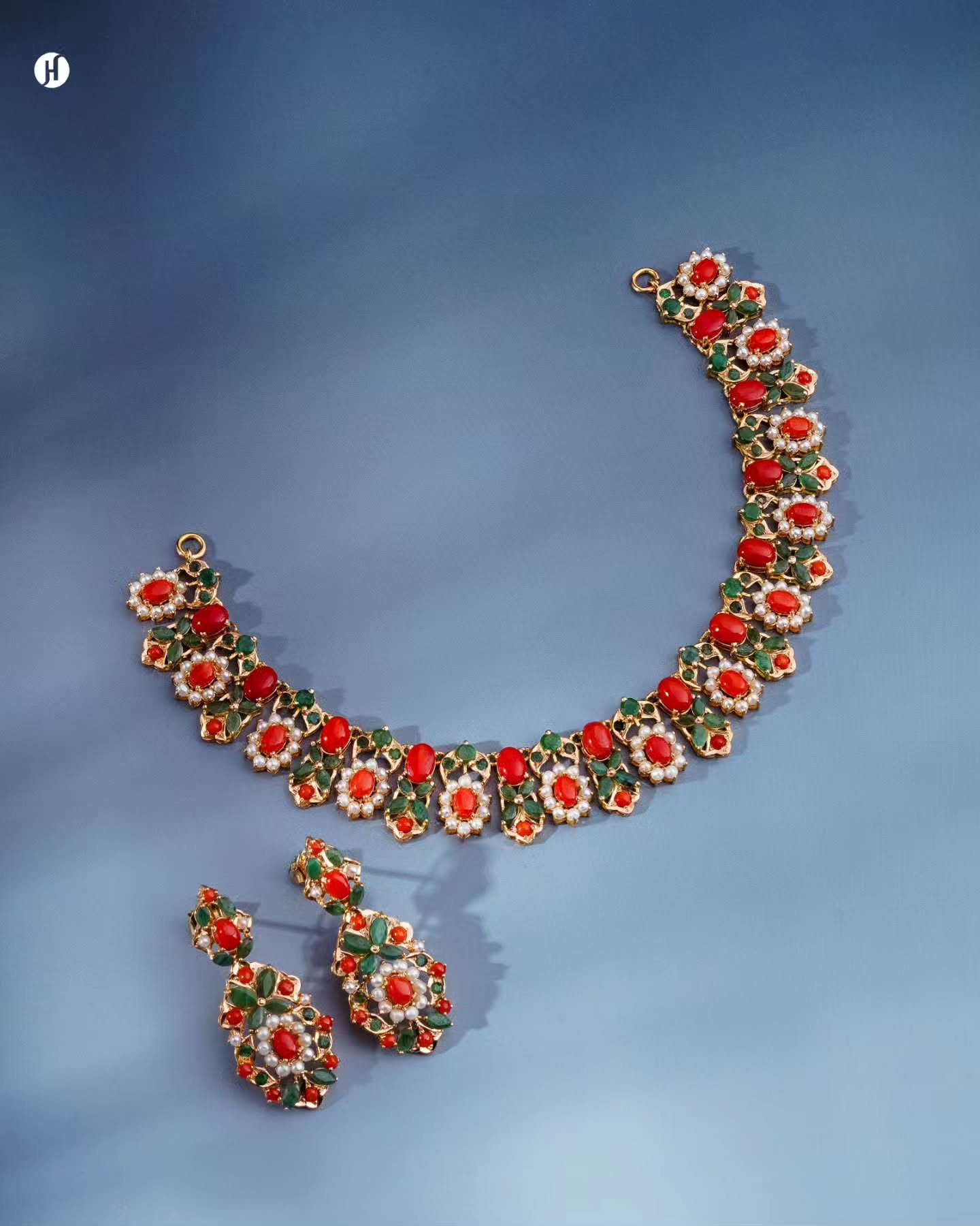 21-Karat yellow gold Pakistani coral, emerald and pearl floral necklace set with matching drop earrings — bridal jewellery for Emirati, Khajeeli, Pakistani and South Asian women, Dubai, UAE.