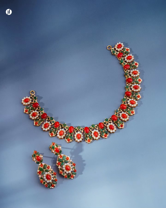 21-Karat yellow gold Pakistani coral, emerald and pearl floral necklace set with matching drop earrings — bridal jewellery for Emirati, Khajeeli, Pakistani and South Asian women, Dubai, UAE.