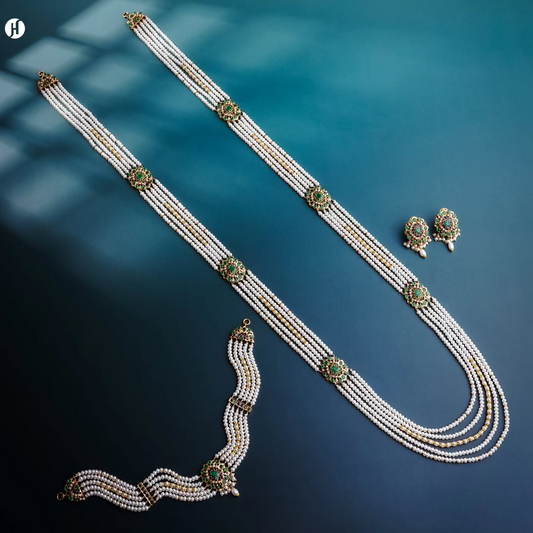 21K Yellow Gold Pakistani Emerald Freshwater Pearl Bridal Necklace Set