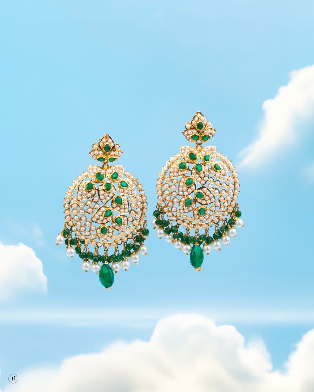 21K Yellow Gold Pakistani Floral Emerald Pearl Earrings