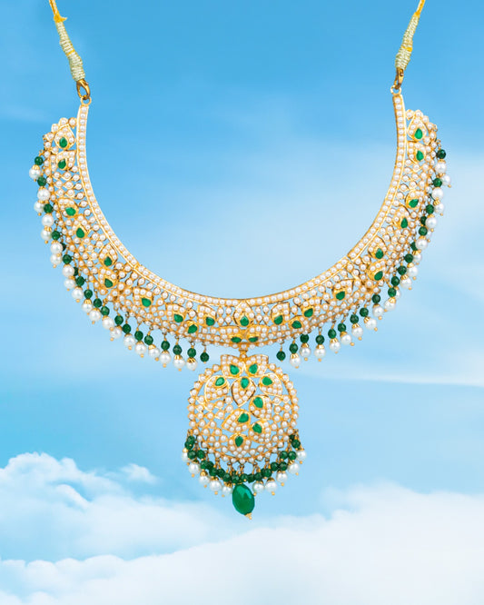 21K Yellow Gold Pakistani Floral Emerald Pearl Necklace Set | Bridal Necklace for Ladies in Sharjah, UAE.
