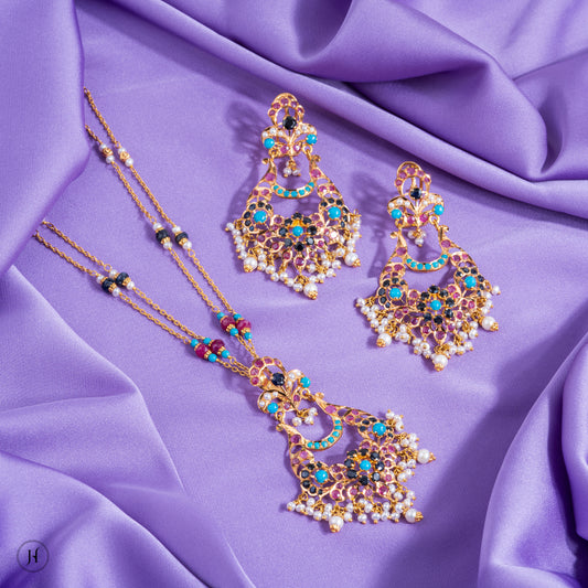 21K Yellow Gold Pakistani Floral Multi-Gemstone Necklace Set for women | Online Arabic jewellery store in UAE