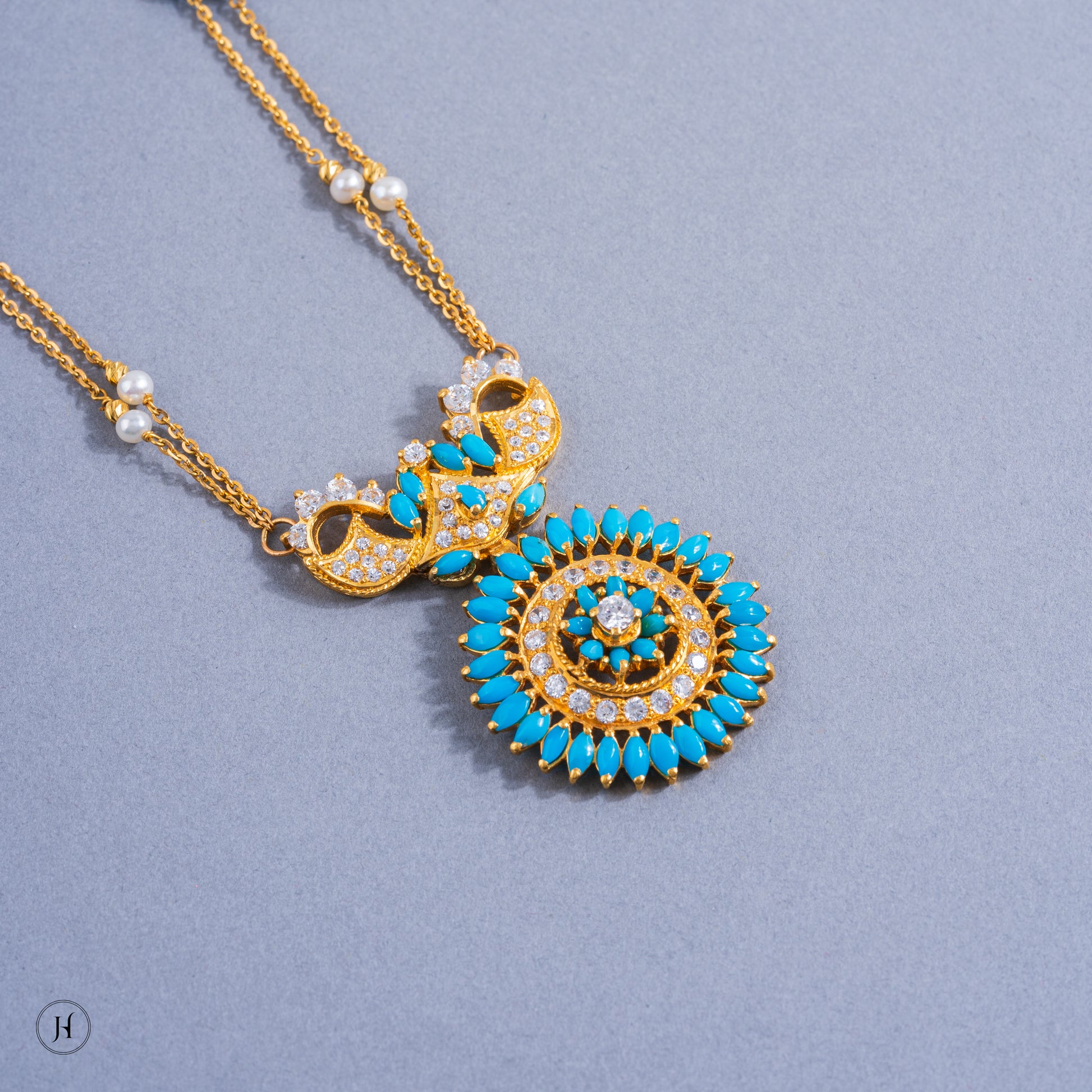 21K Yellow Gold Pakistani Floral Turquoise Necklace Set  for women | online arabic jewellery in UAE|
