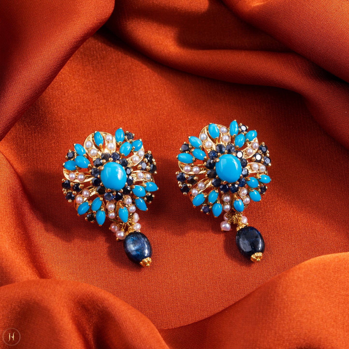 21K Yellow Gold Pakistani Flower Gemstone Necklace Set for women | online Arabic jewellery in UAE