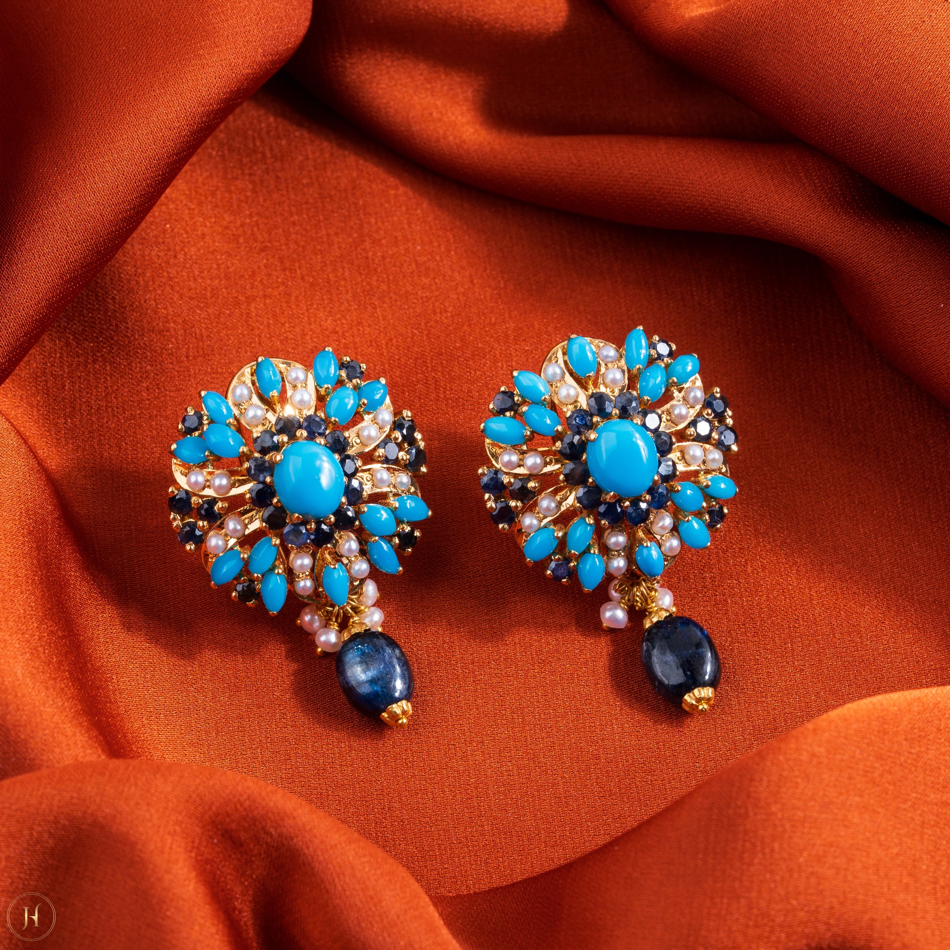 21K Yellow Gold Pakistani Flower Gemstone Necklace Set for women | online Arabic jewellery in UAE