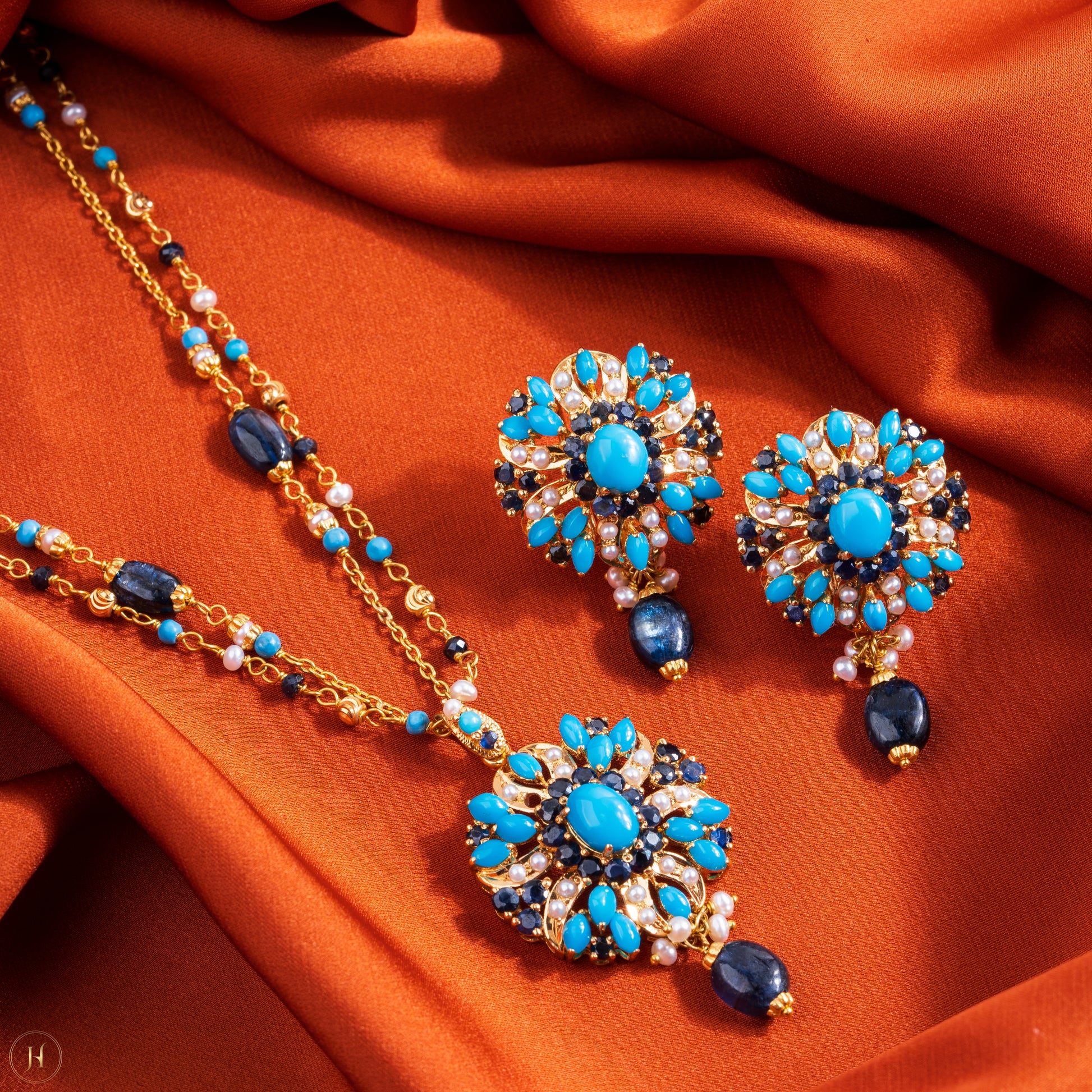 21K Yellow Gold Pakistani Flower Gemstone Necklace Set