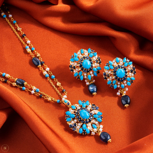 21K Yellow Gold Pakistani Flower Gemstone Necklace Set