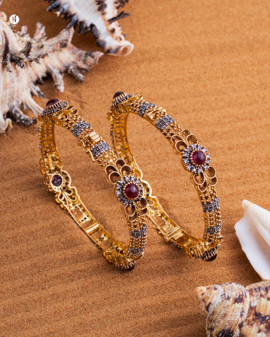 21K Yellow Gold Pakistani Flower Motif Ruby Gemstone Bangle for women to wear in marriage function