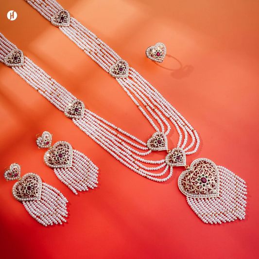21K yellow gold Pakistani heart pearl bridal necklace set with ruby and emerald stones — J.H Jewellers, UAE