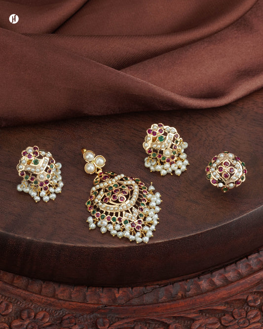 21Karat Yellow Gold Bridal Pakistani Kundan Teardrop Pendant Set with Pearl Price in Dubai, UAE