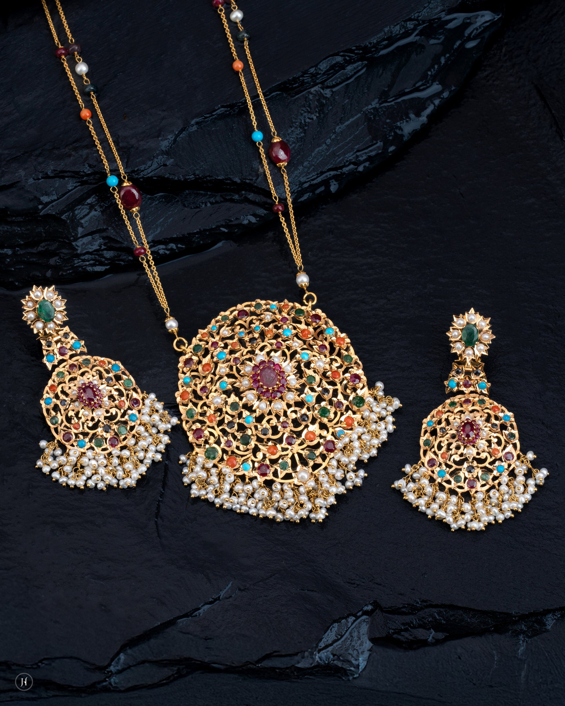 21K Yellow Gold Pakistani Majestic Floral Multi-Gemstone Necklace Set | Bridal Jewellery Collection in UAE.