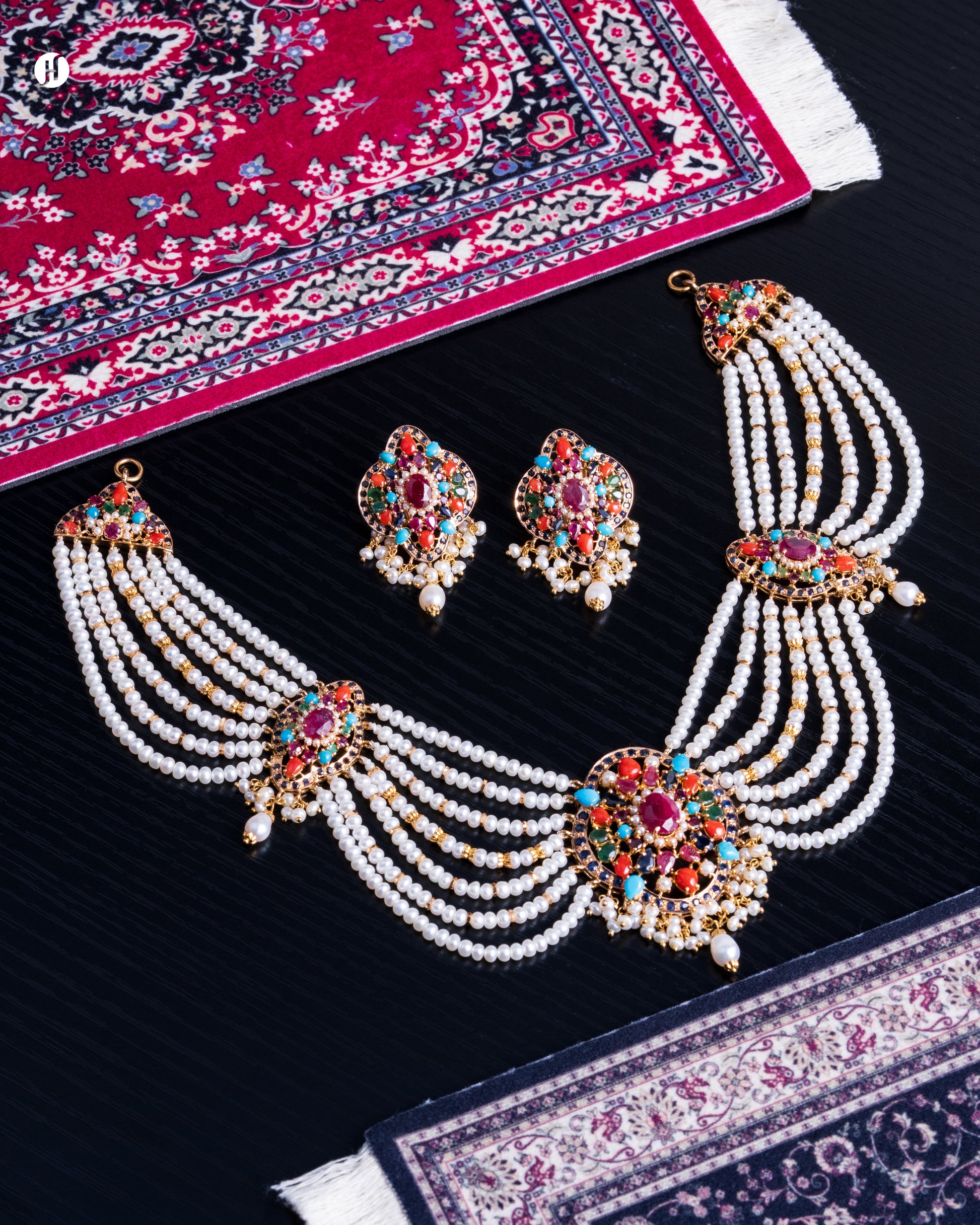 21K Yellow Gold Pakistani Majestic Pearl & Gemstone Choker Set for women in UAE