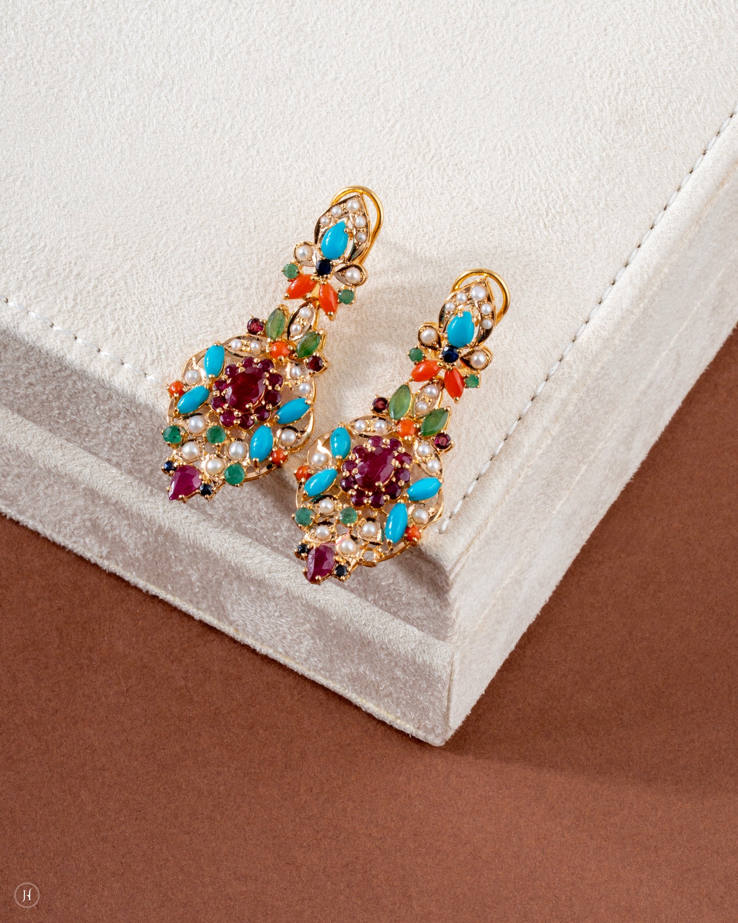 Buy 21K Yellow Gold Pakistani Multi-Flower Gemstone Bridal Earrings for women in UAE