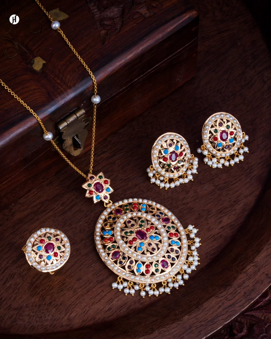 21K Yellow Gold Pakistani Multi-Gemstone Circular Motif Pendant Necklace Set