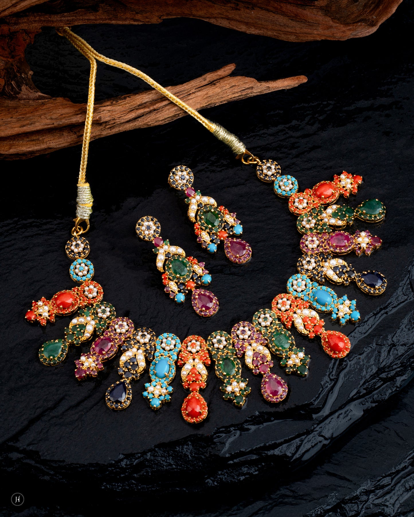 21K Yellow Gold Pakistani Multi-Gemstone Floral Drop Design Bridal Necklace Set