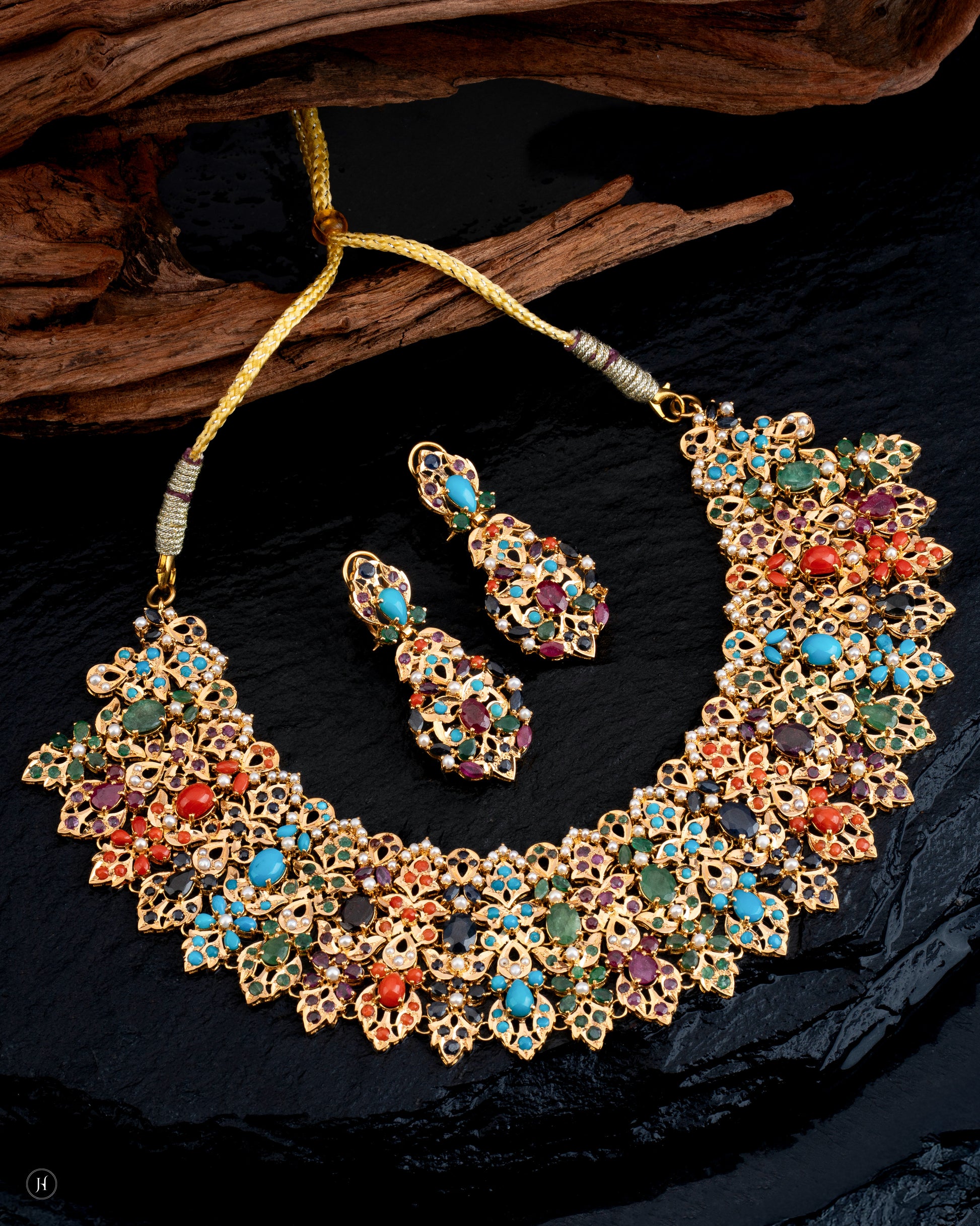 21Karat Yellow Gold Pakistani Multi-Gemstone Floral Leaf Princess Necklace Set