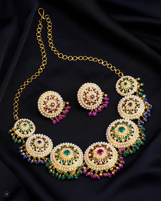 21K Yellow Gold Pakistani Multi-Gemstone Round Motif Necklace Set