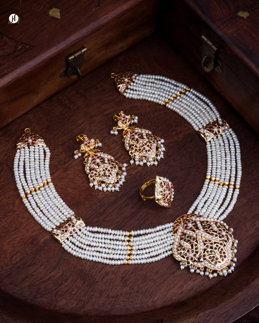 21K Yellow Gold Pakistani Multi-Strand Multi Gemstone Pearl Necklace Set