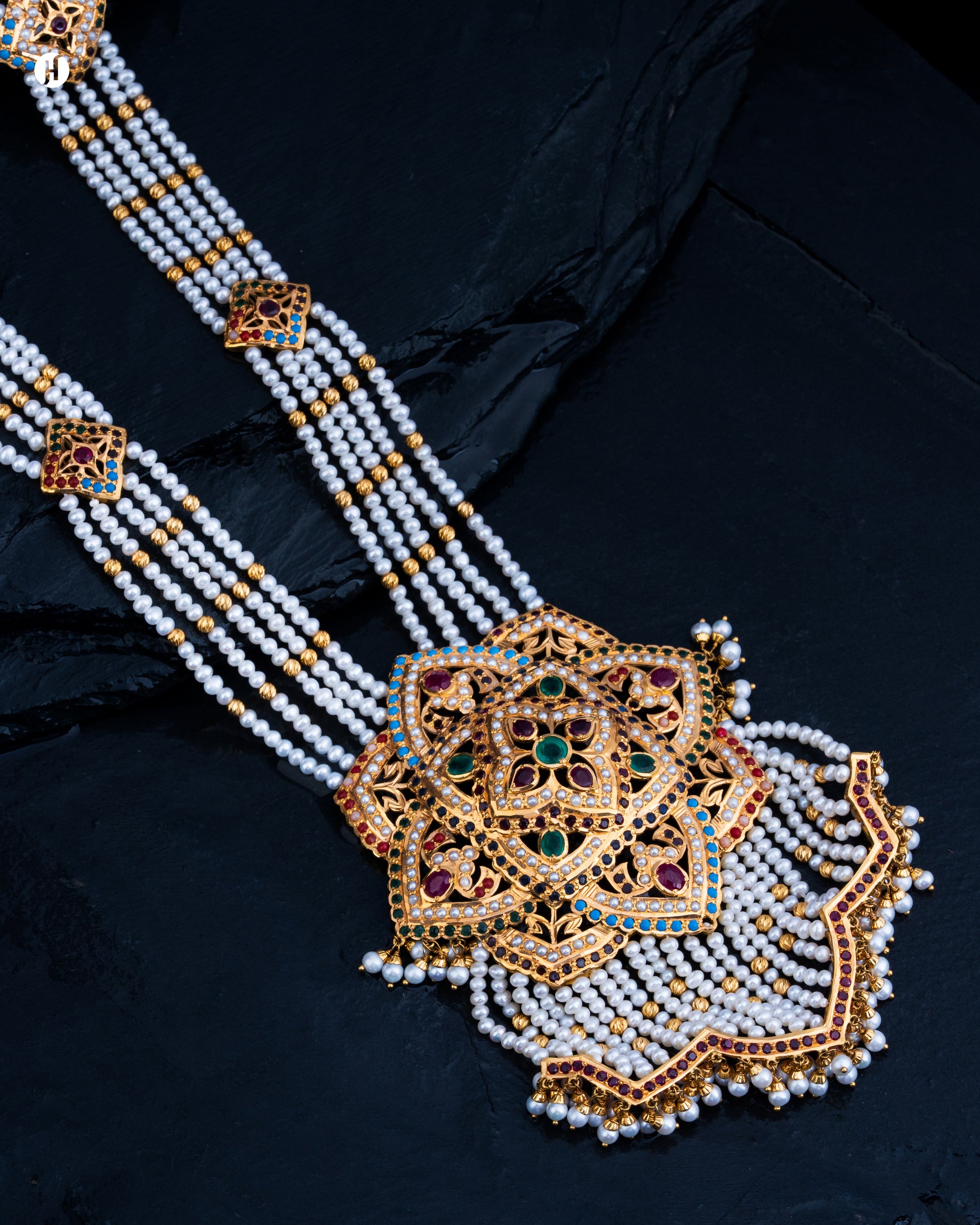 21K Yellow Gold Pakistani Multi-Strand Pearl Majestic Floral Necklace Set