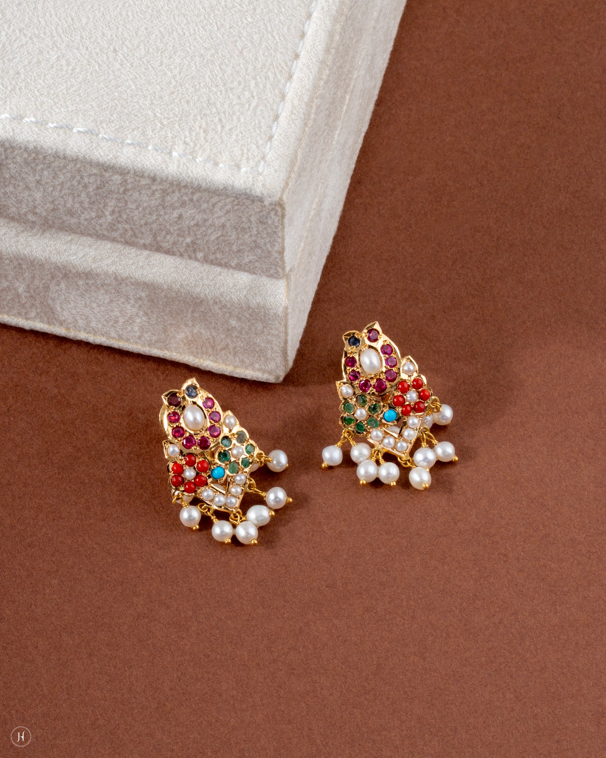 21K Yellow Gold Pakistani Multi- Gemstone Bridal Earrings With Pearls for Women in UAE